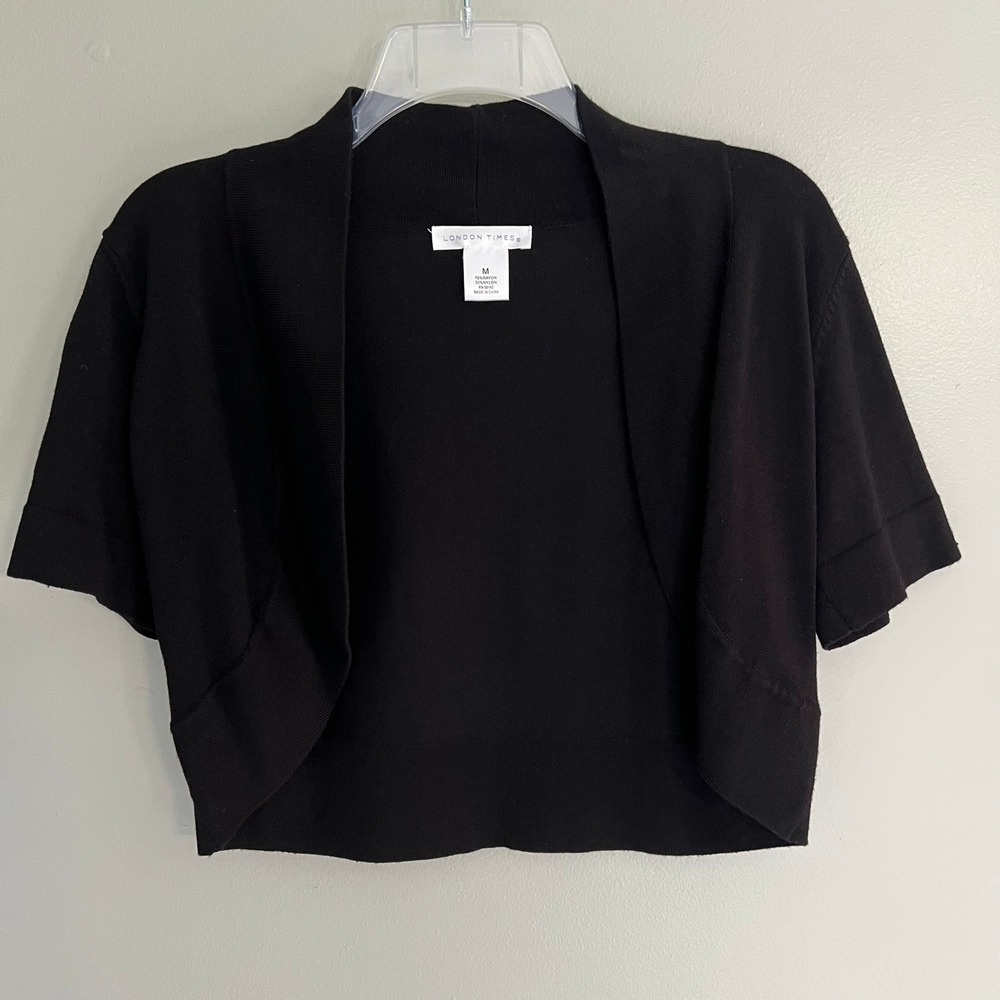 London Times Black Short Sleeve Bolero Shrug Open Front Cropped Cardigan Medium